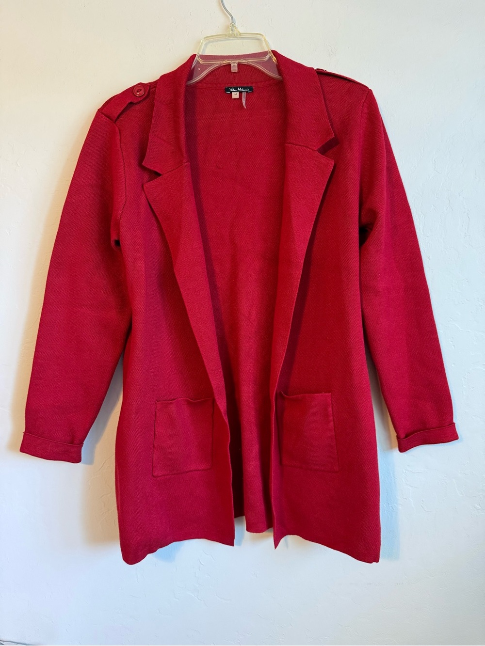 Women’s Open-Front Red Cardigan with Notched Lapel